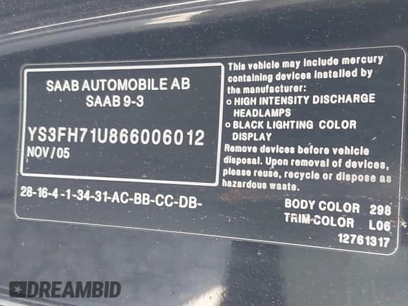 ✅ 2006 Saab 9-3 Aero • VIN: YS3FH71U866006012 • Lot: 41937088. Listed on IAAI with 139,255 mi. Free auction sales archive from the USA and detailed vehicle history report at DreamBid. Image 9.