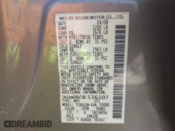 ✅ 2008 Nissan Xterra S • VIN: 5N1AN08U78C536107 • Lot: 43343722. Wystawiony na IAAI z przebiegiem 160 458 mil. Bezpłatny archiwum sprzedaży aukcyjnych z USA i szczegółowy raport historii pojazdu na DreamBid. Zdjęcie 9.