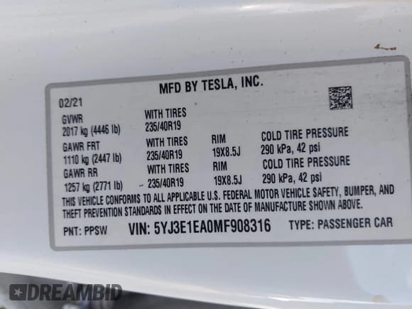 ✅ 2021 Tesla Model 3 Standard Range Plus • VIN: 5YJ3E1EA0MF908316 • Lot: 43405390. Wystawiony na IAAI z przebiegiem 60 988 mil. Bezpłatny archiwum sprzedaży aukcyjnych z USA i szczegółowy raport historii pojazdu na DreamBid. Zdjęcie 9.
