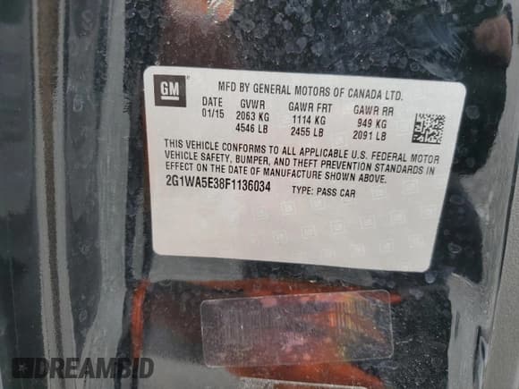 ✅ 2015 Chevrolet Impala LS • VIN: 2G1WA5E38F1136034 • Lot: 56095795. Listed on Copart with 119,778 mi. Free auction sales archive from the USA and detailed vehicle history report at DreamBid. Image 12.