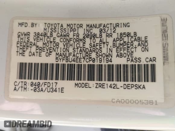 ✅ 2012 Toyota Corolla LE • VIN: 5YFBU4EE7CP019194 • Лот: 43383950. Опубликован ранее на IAAI с пробегом 166 235 миль. Бесплатный доступ к архиву аукционных продаж из США и подробный отчёт об истории автомобиля на DreamBid. Изображение 9.