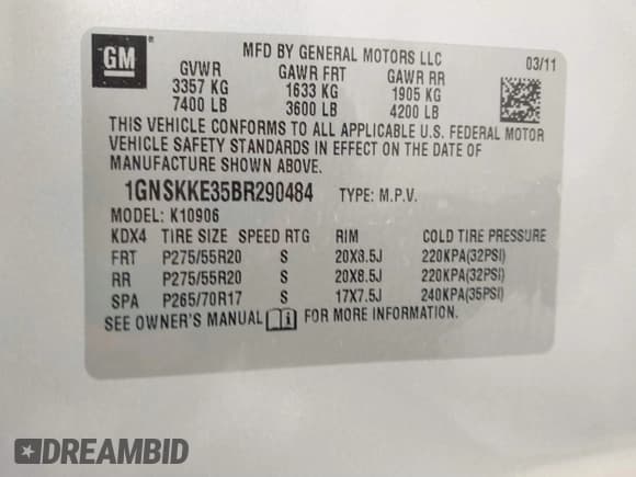 ✅ 2011 Chevrolet Suburban LTZ • VIN: 1GNSKKE35BR290484 • Lot: 41897265. Listed on IAAI with 223,739 mi. Free auction sales archive from the USA and detailed vehicle history report at DreamBid. Image 9.