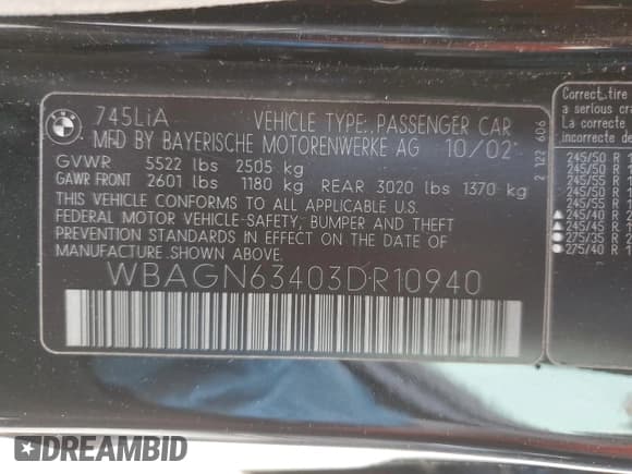 ✅ 2003 BMW 7 Series 745Li • VIN: WBAGN63403DR10940 • Lot: 54620465. Listed on Copart with 184,535 mi. Free auction sales archive from the USA and detailed vehicle history report at DreamBid. Image 12.