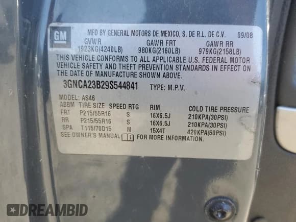 ✅ 2009 Chevrolet HHR 1LT • VIN: 3GNCA23B29S544841 • Lot: 46245065. Listed on Copart with Not provided. Free auction sales archive from the USA and detailed vehicle history report at DreamBid. Image 12.