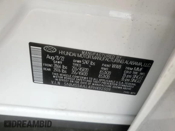 ✅ 2023 Hyundai Santa Fe Calligraphy • VIN: 5NMS54AL4PH492309 • Lot: 80995405. Listed on Copart with 12,231 mi. Free auction sales archive from the USA and detailed vehicle history report at DreamBid. Image 12.