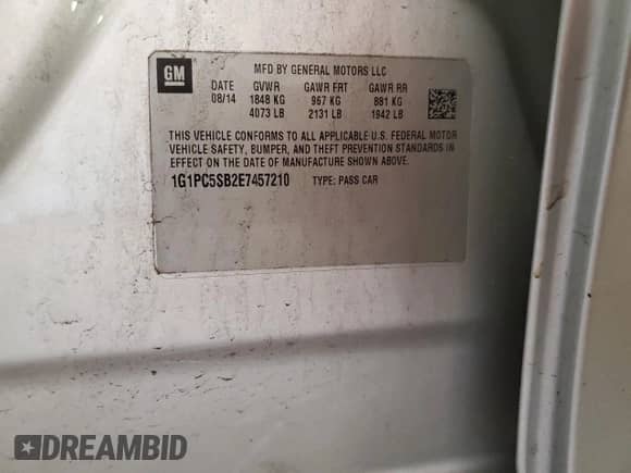 2014 Chevrolet Cruze 1LT with VIN 1G1PC5SB2E7457210, listed as a Copart auction lot 82229475 with Not provided miles and Clean title. Bid and sale history available at DreamBid. Image 12.