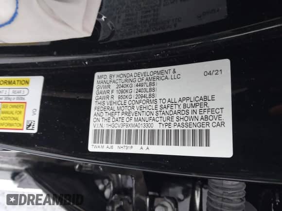 2021 Honda Accord Touring with VIN 1HGCV3F9XMA013300, listed as a IAAI auction lot 43235073 with 58,940 mi miles and . Bid and sale history available at DreamBid. Image 9.