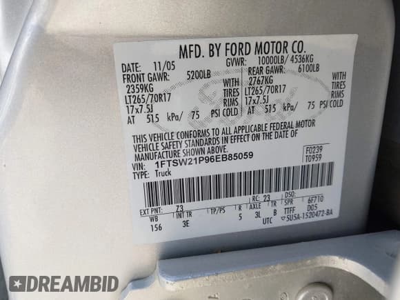 ✅ 2006 Ford F-250 XL • VIN: 1FTSW21P96EB85059 • Lot: 42202995. Listed on IAAI with 161,675 mi. Free auction sales archive from the USA and detailed vehicle history report at DreamBid. Image 9.