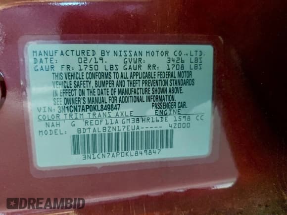 ✅ 2019 Nissan Versa SV • VIN: 3N1CN7AP0KL849847 • Lot: 95806005. Listed on Copart with 162,912 mi. Free auction sales archive from the USA and detailed vehicle history report at DreamBid. Image 12.