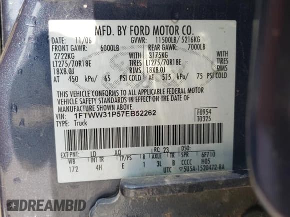 ✅ 2007 Ford F-350 XL • VIN: 1FTWW31P57EB52262 • Lot: 60138785. Listed on Copart with 170,721 mi. Free auction sales archive from the USA and detailed vehicle history report at DreamBid. Image 12.