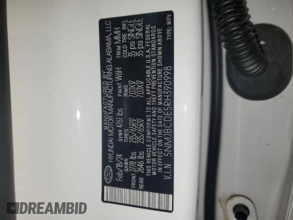 2024 Hyundai Tucson SEL with VIN 5NMJBCDE5RH390998, listed as a Copart auction lot 86100935 with 32,449 mi miles and Non repairable. Bid and sale history available at DreamBid. Image 14.