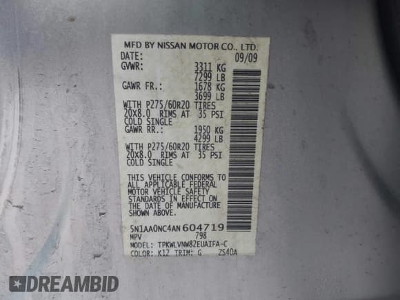 ✅ 2010 Nissan Armada Titanium • VIN: 5N1AA0NC4AN604719 • Lot: 41958322. Listed on IAAI with 190,396 mi. Free auction sales archive from the USA and detailed vehicle history report at DreamBid. Image 9.