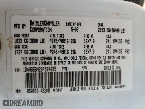 ✅ 2003 Dodge Durango SLT Plus • VIN: 1D4HS58N23F594685 • Лот: 81775725. Опубликован ранее на Copart с пробегом 346 844 миль. Бесплатный доступ к архиву аукционных продаж из США и подробный отчёт об истории автомобиля на DreamBid. Изображение 13.