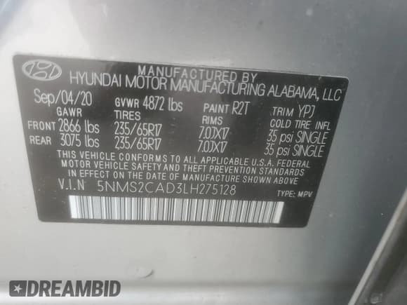 ✅ 2020 Hyundai Santa Fe SE • VIN: 5NMS2CAD3LH275128 • Lot: 58137955. Wystawiony na Copart z przebiegiem Nie podano. Bezpłatny archiwum sprzedaży aukcyjnych z USA i szczegółowy raport historii pojazdu na DreamBid. Zdjęcie 12.