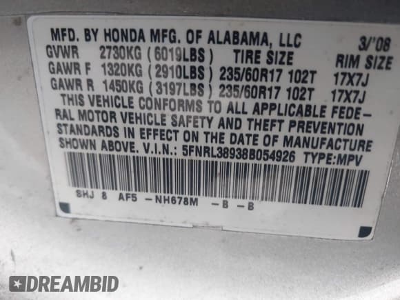 ✅ 2008 Honda Odyssey Touring • VIN: 5FNRL38938B054926 • Lot: 43786904. Listed on IAAI with 147,117 mi. Free auction sales archive from the USA and detailed vehicle history report at DreamBid. Image 9.