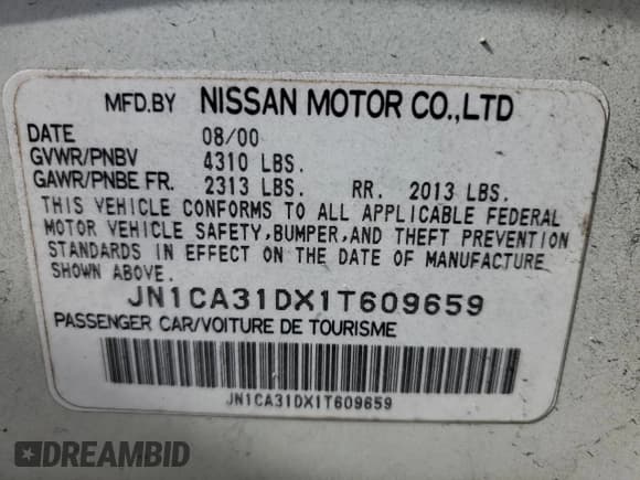 ✅ 2001 Nissan Maxima GXE • VIN: JN1CA31DX1T609659 • Lot: 68002774. Wystawiony na Copart z przebiegiem 145 241 mil. Bezpłatny archiwum sprzedaży aukcyjnych z USA i szczegółowy raport historii pojazdu na DreamBid. Zdjęcie 13.