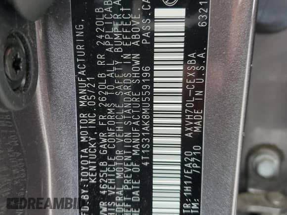 2021 Toyota Camry Hybrid SE с VIN 4T1S31AK8MU559196, выставлен на аукционе Copart как лот 69206845 с пробегом 58 004 миль миль и Списание • Salvage title. История ставок и продаж доступна на DreamBid. Изображение 13.