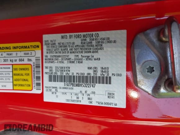 ✅ 2017 Ford Mustang V6 • VIN: 1FATP8EM8H5322747 • Lot: 42277084. Listed on IAAI with 67,293 mi. Free auction sales archive from the USA and detailed vehicle history report at DreamBid. Image 9.