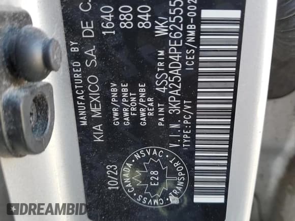 ✅ 2023 Kia Rio S • VIN: 3KPA25AD4PE625550 • Lot: 87093395. Wystawiony na Copart z przebiegiem 49 430 mil. Bezpłatny archiwum sprzedaży aukcyjnych z USA i szczegółowy raport historii pojazdu na DreamBid. Zdjęcie 12.