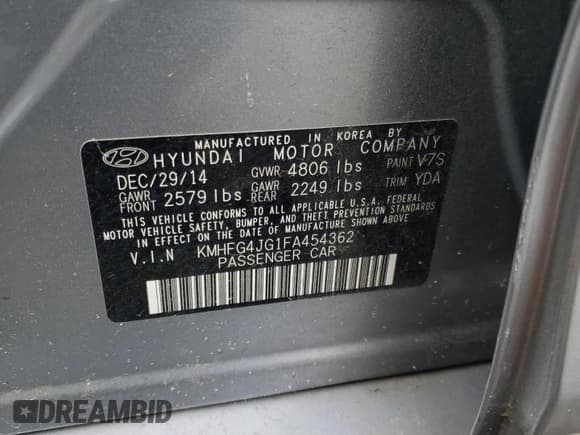 ✅ 2015 Hyundai Azera • VIN: KMHFG4JG1FA454362 • Lot: 50897305. Listed on Copart with 130,185 mi. Free auction sales archive from the USA and detailed vehicle history report at DreamBid. Image 12.