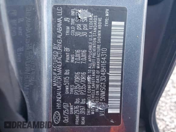 2008 Hyundai Santa Fe GLS с VIN 5NMSG13D48H164310, выставлен на аукционе Copart как лот 75819774 с пробегом 135 916 миль миль и Списание • Salvage title. История ставок и продаж доступна на DreamBid. Изображение 14.