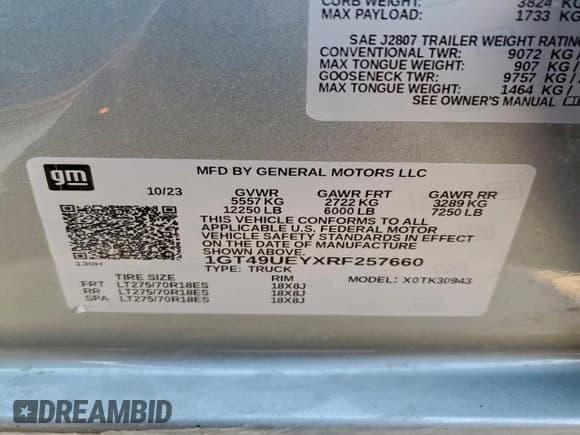 ✅ 2024 GMC Sierra 3500HD SLT • VIN: 1GT49UEYXRF257660 • Lot: 96170865. Wystawiony na Copart z przebiegiem 22 336 mil. Bezpłatny archiwum sprzedaży aukcyjnych z USA i szczegółowy raport historii pojazdu na DreamBid. Zdjęcie 12.