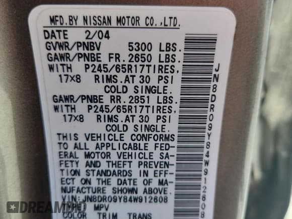 ✅ 2004 Nissan Pathfinder LE Platinum • VIN: JN8DR09Y84W912608 • Lot: 63467735. Listed on Copart with 171,191 mi. Free auction sales archive from the USA and detailed vehicle history report at DreamBid. Image 14.