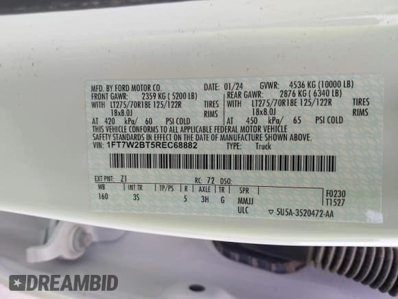 ✅ 2024 Ford F-250 XL • VIN: 1FT7W2BT5REC68882 • Lot: 42462526. Listed on IAAI with 59,686 mi. Free auction sales archive from the USA and detailed vehicle history report at DreamBid. Image 9.