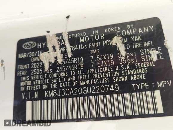 2016 Hyundai Tucson Sport with VIN KM8J3CA20GU220749, listed as a IAAI auction lot 42865224 with 158,292 mi miles and . Bid and sale history available at DreamBid. Image 9.