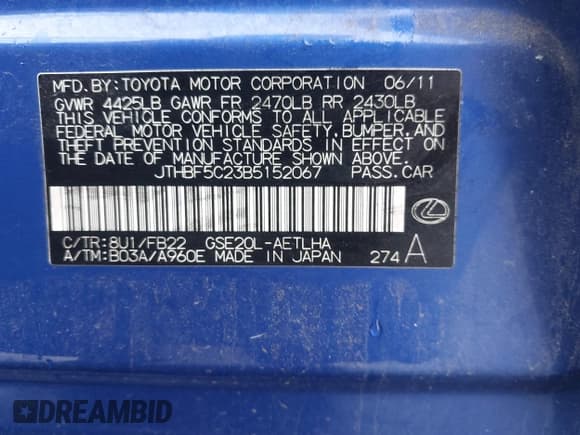 ✅ 2011 Lexus IS 250 • VIN: JTHBF5C23B5152067 • Lot: 43767518. Listed on IAAI with 111,168 mi. Free auction sales archive from the USA and detailed vehicle history report at DreamBid. Image 9.