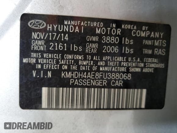 ✅ 2015 Hyundai Elantra SE • VIN: KMHDH4AE8FU388068 • Lot: 67797315. Listed on Copart with 214,436 mi. Free auction sales archive from the USA and detailed vehicle history report at DreamBid. Image 12.
