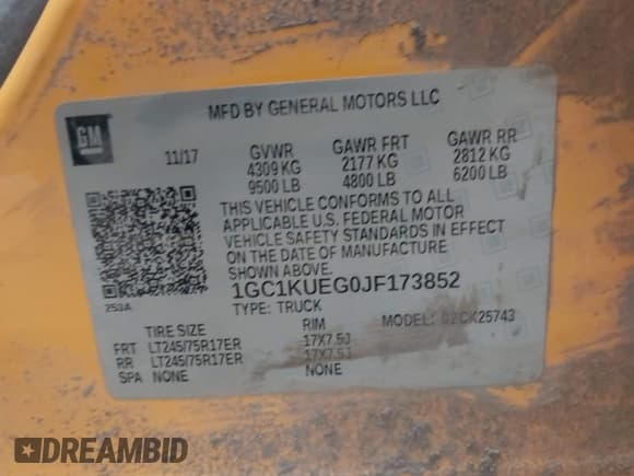 ✅ 2018 Chevrolet Silverado 2500HD Work Truck • VIN: 1GC1KUEG0JF173852 • Lot: 42516951. Listed on IAAI with 56,095 mi. Free auction sales archive from the USA and detailed vehicle history report at DreamBid. Image 9.