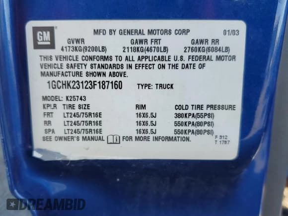 ✅ 2003 Chevrolet Silverado 2500HD LS • VIN: 1GCHK23123F187160 • Lot: 80852705. Listed on Copart with Not provided. Free auction sales archive from the USA and detailed vehicle history report at DreamBid. Image 12.