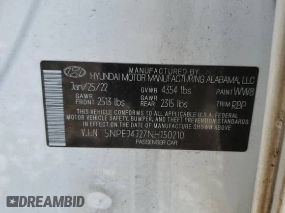 2022 Hyundai Sonata Sport с VIN 5NPEJ4J27NH150210, выставлен на аукционе Copart как лот 41490945 с пробегом 38 511 миль миль и Списание • Salvage title. История ставок и продаж доступна на DreamBid. Изображение 12.