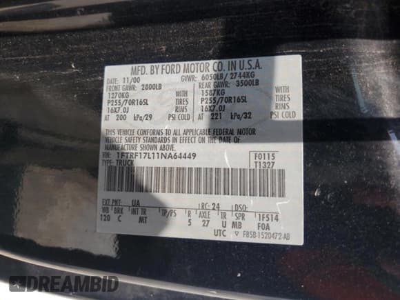 ✅ 2001 Ford F-150 XL • VIN: 1FTRF17L11NA64449 • Lot: 59757325. Wystawiony na Copart z przebiegiem Nie podano. Bezpłatny archiwum sprzedaży aukcyjnych z USA i szczegółowy raport historii pojazdu na DreamBid. Zdjęcie 13.