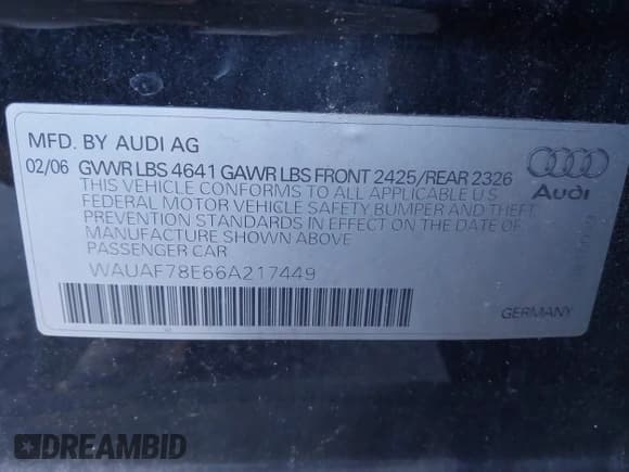 ✅ 2006 Audi A4 2.0T • VIN: WAUAF78E66A217449 • Лот: 43807851. Опубликован ранее на IAAI с пробегом 168 228 миль. Бесплатный доступ к архиву аукционных продаж из США и подробный отчёт об истории автомобиля на DreamBid. Изображение 9.