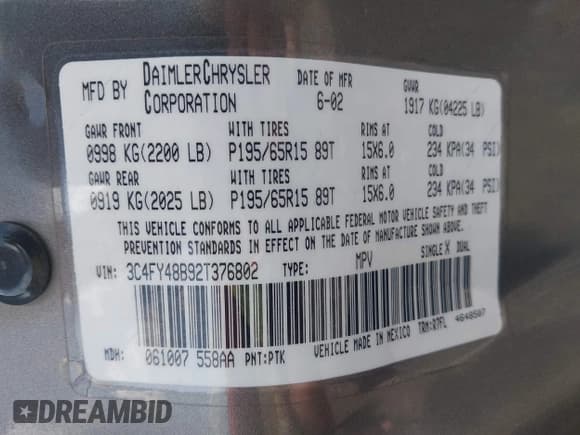 ✅ 2002 Chrysler PT Cruiser • VIN: 3C4FY48B92T376802 • Lot: 42809754. Listed on IAAI with 161,964 mi. Free auction sales archive from the USA and detailed vehicle history report at DreamBid. Image 9.