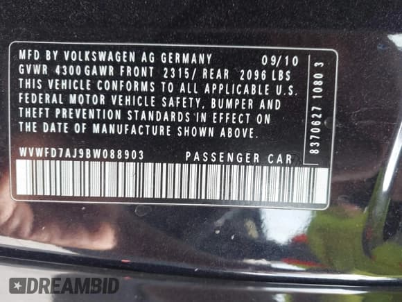 ✅ 2011 Volkswagen Golf GTI PZEV • VIN: WVWFD7AJ9BW088903 • Lot: 42100212. Listed on IAAI with 165,808 mi. Free auction sales archive from the USA and detailed vehicle history report at DreamBid. Image 9.