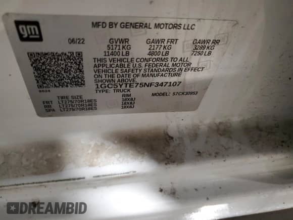 2022 Chevrolet Silverado 3500HD LT с VIN 1GC5YTE75NF347107, выставлен на аукционе Copart как лот 89209235 с пробегом Не указан миль и Списание • Salvage title. История ставок и продаж доступна на DreamBid. Изображение 14.