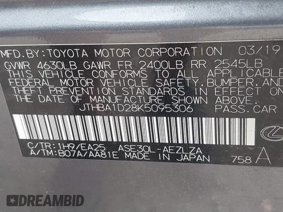 ✅ 2019 Lexus IS 300 • VIN: JTHBA1D28K5095306 • Lot: 41794053. Listed on IAAI with 45,519 mi. Free auction sales archive from the USA and detailed vehicle history report at DreamBid. Image 9.