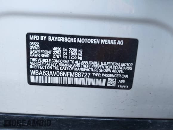 ✅ 2022 BMW 4 Series 430i • VIN: WBA63AV06NFM88727 • Lot: 41747877. Listed on IAAI with 43,969 mi. Free auction sales archive from the USA and detailed vehicle history report at DreamBid. Image 9.