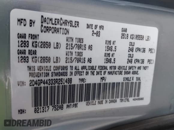 ✅ 2003 Dodge Caravan Sport • VIN: 2D4GP44333R251498 • Lot: 43648414. Wystawiony na IAAI z przebiegiem 106 996 mil. Bezpłatny archiwum sprzedaży aukcyjnych z USA i szczegółowy raport historii pojazdu na DreamBid. Zdjęcie 9.