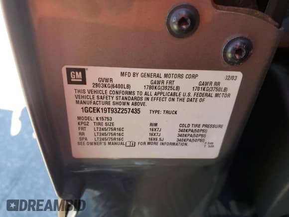 2003 Chevrolet Silverado 1500 LS with VIN 1GCEK19T93Z257435, listed as a Copart auction lot 84862855 with 155,503 mi miles and Salvage title. Bid and sale history available at DreamBid. Image 12.