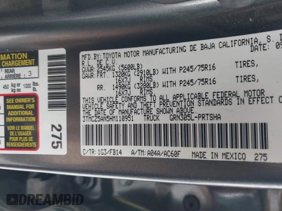 ✅ 2017 Toyota Tacoma SR5 • VIN: 3TMCZ5AN5HM110951 • Лот: 41580916. Опубликован ранее на IAAI с пробегом 107 020 миль. Бесплатный доступ к архиву аукционных продаж из США и подробный отчёт об истории автомобиля на DreamBid. Изображение 9.