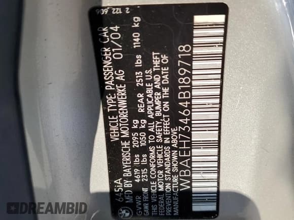 ✅ 2004 BMW 6 Series 645Ci • VIN: WBAEH73464B189718 • Lot: 71392644. Listed on Copart with 122,373 mi. Free auction sales archive from the USA and detailed vehicle history report at DreamBid. Image 12.