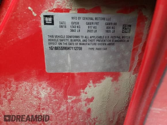 ✅ 2017 Chevrolet Cruze LT • VIN: 1G1BE5SM6H7112708 • Lot: 69713882. Listed on Copart with 100,696 mi. Free auction sales archive from the USA and detailed vehicle history report at DreamBid. Image 12.