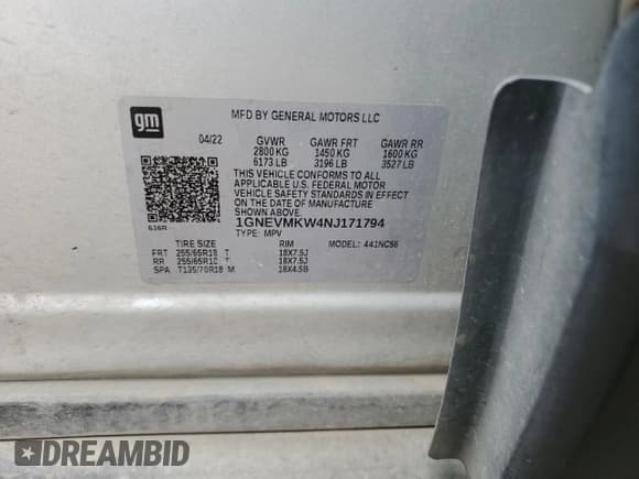 ✅ 2022 Chevrolet Traverse LT Cloth • VIN: 1GNEVMKW4NJ171794 • Lot: 51499765. Wystawiony na Copart z przebiegiem 396 683 mil. Bezpłatny archiwum sprzedaży aukcyjnych z USA i szczegółowy raport historii pojazdu na DreamBid. Zdjęcie 13.