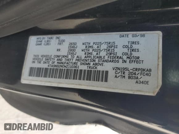 ✅ 1998 Toyota Tacoma • VIN: 4TASN92N0WZ110361 • Лот: 74660214. Опубликован ранее на Copart с пробегом 288 647 миль. Бесплатный доступ к архиву аукционных продаж из США и подробный отчёт об истории автомобиля на DreamBid. Изображение 12.