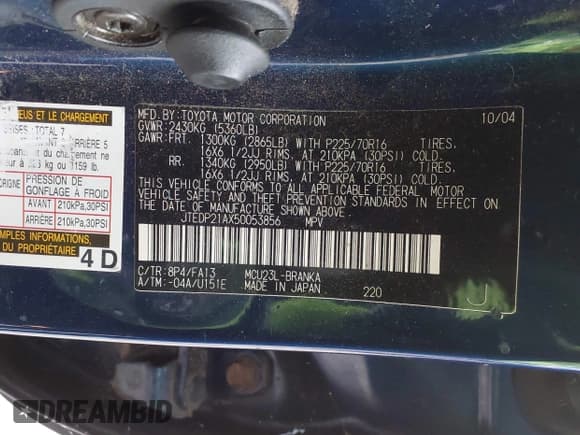 ✅ 2005 Toyota Highlander • VIN: JTEDP21AX50053856 • Lot: 43693719. Listed on IAAI with 248,831 mi. Free auction sales archive from the USA and detailed vehicle history report at DreamBid. Image 9.