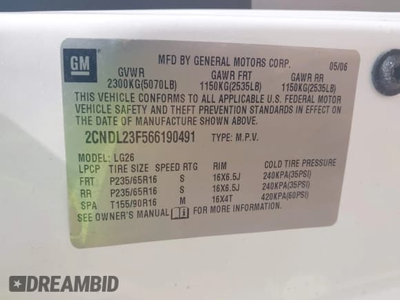 ✅ 2006 Chevrolet Equinox LS • VIN: 2CNDL23F566190491 • Лот: 42424359. Опубликован ранее на IAAI с пробегом 148 497 миль. Бесплатный доступ к архиву аукционных продаж из США и подробный отчёт об истории автомобиля на DreamBid. Изображение 9.